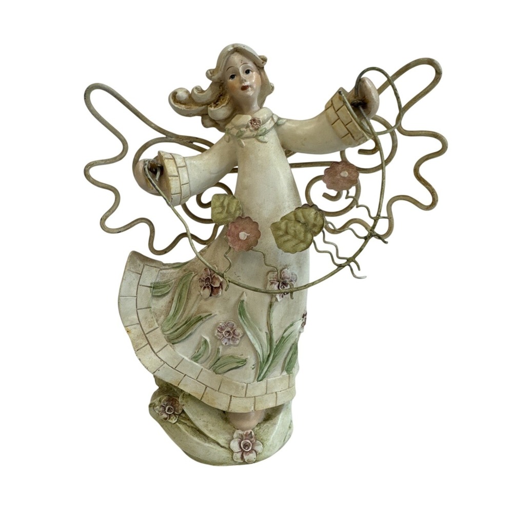 Vintage Style Angel Figurine Floral Dress Metal Wings Home Decor‎ Cream 7 Inch